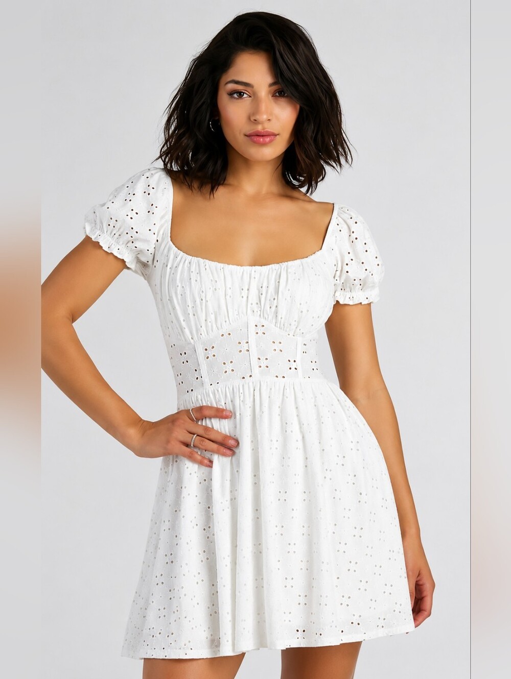 White Eyelet Puff Sleeve Midi Dress-Medium
